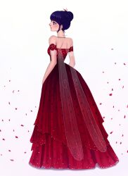Rule 34 | bare shoulders, blue eyes, blue hair, closed mouth, dress, fairy wings, falling petals, gongonsrr, hair bun, highres, jewelry, looking to the side, marinette dupain-cheng, miraculous ladybug, necklace, petals, polka dot, red dress, simple background, solo, standing, white background, wings
