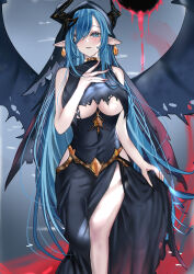 Rule 34 | azur lane, black cloak, black dress, black hole, black horns, black wings, blood, blue eyes, blue hair, blush, breasts, cloak, dismaer, dress, dress around one leg, drop earrings, earrings, fingernails, gold earrings, gold trim, hair over one eye, hand on breasts, highres, holding, holding clothes, horns, jewelry, large breasts, long hair, mary celeste (azur lane), mary celeste (grim night&#039;s reaper) (azur lane), official alternate costume, pink nails, pointy ears, torn clothes, underboob, very long hair, wings
