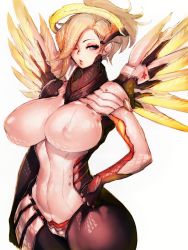 Rule 34 | 1girl, armor, asymmetrical hair, blonde hair, blue eyes, bodysuit, boobplate, breastplate, breasts, covered erect nipples, cowboy shot, fumio (rsqkr), halo, highres, impossible clothes, large breasts, lips, mechanical halo, mechanical wings, mercy (overwatch), overwatch, overwatch 1, ponytail, shoulder armor, simple background, solo, white background, wide hips, wings