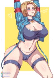 Rule 34 | 1girl, 2023, arms up, blonde hair, blush, breasts, cameltoe, cammy stretch (meme), cammy white, cleavage, cleft of venus, dated, deviantart logo, deviantart username, female focus, highres, large breasts, mee raihan, meme, navel, patreon logo, patreon username, pixiv logo, pixiv username, pubic hair, pubic hair peek, skindentation, solo, stomach, street fighter, street fighter 6, thigh strap, twitter logo, twitter username, watermark, web address