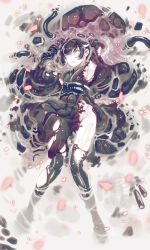 Rule 34 | 10s, 1girl, abyssal ship, ancient destroyer oni, ancient destroyer princess, black footwear, black hair, black thighhighs, blue eyes, boots, colored skin, damaged, drill hair, gloves, glowing, glowing eyes, hakama, hakama skirt, japanese clothes, kantai collection, kimono, long hair, looking at viewer, looking up, lying, meiji schoolgirl uniform, mole, mole under eye, on back, open mouth, shimetta seiya, side ponytail, skirt, solo, thigh boots, thighhighs, torn clothes, water, white skin, wide sleeves