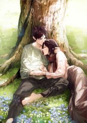 Rule 34 | 1boy, 1girl, barefoot, black hair, black pants, blue flower, brown skirt, couple, eren yeager, closed eyes, flower, foot out of frame, grass, grey shirt, hair between eyes, hand in another&#039;s hair, highres, holding hands, lace-up top, leaning on person, long skirt, long sleeves, mikasa ackerman, outdoors, pants, pink shirt, red scarf, scarf, shingeki no kyojin, shirt, short hair, sitting, skirt, smile, spykeee, tree, twitter username, watermark, white flower