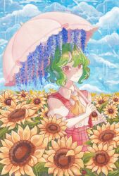 Rule 34 | 1girl, absurdres, acrylic paint (medium), ascot, blue flower, blue sky, closed mouth, commentary, english commentary, flower, green hair, highres, holding, holding umbrella, kazami yuuka, looking at viewer, outdoors, painting (medium), parasol, plaid, plaid skirt, plaid vest, red eyes, red skirt, red vest, selenenovachan, shirt, short hair, short sleeves, skirt, sky, smile, solo, sunflower, touhou, traditional media, twitter username, umbrella, vest, white shirt, yellow ascot, yellow flower