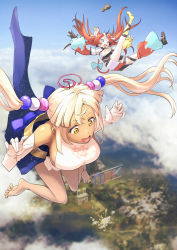 Rule 34 | 2girls, 3girls, animal ears, bare legs, bare shoulders, barefoot, black gloves, black hair, blonde hair, blue sky, bow, breasts, cloud, collar, crop top, dark-skinned female, dark skin, day, detached sleeves, dice, dress, elbow gloves, explosion, falling, feet, full body, giant, gloves, hair ornament, hakos baelz, halterneck, highres, hololive, hololive english, large breasts, long hair, midair, midriff, minecraft, miniskirt, mitsuru (pixiv 34028718), mouse ears, mouse girl, mouse tail, multicolored clothes, multicolored hair, multicolored skirt, multiple girls, off shoulder, open mouth, outdoors, pleated skirt, red hair, shirt, sideboob, skirt, sky, skydive, soles, spiked collar, spikes, streaked hair, tail, toes, tsukumo sana, tsukumo sana (1st costume), twintails, usada pekora, very long hair, virtual youtuber, white gloves, white hair, white shirt, white skirt, wide sleeves, yellow eyes
