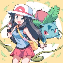 Rule 34 | 1girl, :d, bag, bare arms, bare shoulders, blue shirt, breasts, brown hair, commentary, cowboy shot, creatures (company), fangs, fangs out, game freak, gen 1 pokemon, grey eyes, hat, highres, holding, holding poke ball, ivysaur, leaf, leaf (pokemon), long hair, looking at viewer, medium skirt, nintendo, open mouth, orange background, pink skirt, poke ball, pokemon, pokemon (creature), pokemon frlg, shirt, shoulder bag, sidelocks, skirt, sleeveless, sleeveless shirt, small breasts, smile, standing, super smash bros., white hat, wristband, yokoyoko (nazonazo)