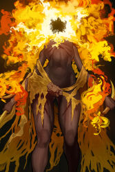 1girl absurdres breasts dark-skinned_female dark_skin ekrea_jan elden_ring emaciated feet_out_of_frame flaming_head from_below genderswap genderswap_(mtf) highres holding holding_weapon medium_breasts midra_lord_of_frenzied_flame navel robe shiny_skin solo standing torn_clothes torn_robe weapon yellow_robe