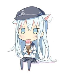Rule 34 | 10s, 1girl, anchor symbol, animal ears, black thighhighs, blue eyes, blue hair, cat ears, cat tail, chibi, commentary request, double scoop, eating, flat cap, food, full body, hat, hibiki (kancolle), ice cream, ice cream cone, kantai collection, licking, long hair, long sleeves, matching hair/eyes, pleated skirt, sailor hat, school uniform, serafuku, shoes, simple background, skirt, solo, tail, tail wagging, thighhighs, tunamayochan, white background