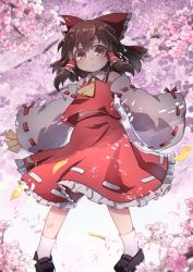 Rule 34 | 1girl, ascot, black footwear, blush, bow, brown eyes, brown hair, cherry blossoms, closed mouth, commentary request, detached sleeves, flower, full body, hair bow, hair ornament, hair tubes, hakurei reimu, highres, kibisake, looking at viewer, petals, red bow, red skirt, shoes, short hair, skirt, sleeves past fingers, sleeves past wrists, socks, solo, standing, touhou, wide sleeves, yellow ascot