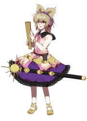 Rule 34 | 1girl, :d, absurdres, brown eyes, commentary, earmuffs, full body, highres, light brown hair, looking at viewer, mena (menappippi), open mouth, purple skirt, ritual baton, simple background, skirt, smile, solo, standing, sword, touhou, toyosatomimi no miko, weapon, white background