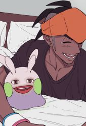Rule 34 | 1boy, absurdres, alternate costume, bed, blush, brown shirt, chatea, closed eyes, collarbone, commentary request, creatures (company), dark-skinned male, dark skin, dynamax band, earrings, game freak, gen 6 pokemon, goomy, highres, indoors, jewelry, korean commentary, laughing, looking at viewer, lying, male focus, nintendo, on bed, on stomach, open mouth, orange headwear, pillow, pokemon, pokemon (creature), pokemon swsh, raihan (pokemon), shirt, short sleeves, smile, t-shirt, tearing up, teeth, tongue, trembling
