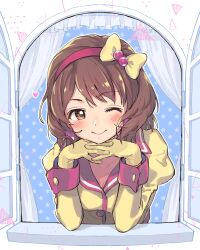 Rule 34 | 1girl, blue background, blush, breasts, brown eyes, brown hair, cleavage, closed mouth, collarbone, gloves, hair ribbon, hairband, heart, idolmaster, idolmaster cinderella girls, idolmaster cinderella girls starlight stage, long sleeves, looking at viewer, medium breasts, nagatomi hasumi, nanonin, one eye closed, open window, puffy long sleeves, puffy sleeves, ribbon, short hair, smile, solo, star (symbol), starry background, window, yellow gloves, yellow ribbon