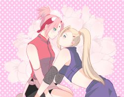 Rule 34 | 2girls, alternate hairstyle, artist request, bent over, bike shorts, blonde hair, blue eyes, blush, couple, eye contact, facial mark, female focus, floral background, flower, forehead mark, forehead protector, friends, green eyes, hair ornament, hair over one eye, hairband, hairclip, haruno sakura, imminent kiss, long hair, looking at another, midriff, multiple girls, naruto (series), naruto shippuuden, o3o, pink background, pink hair, ponytail, short hair, shorts, sitting, skirt, sleeveless, sparkle, sparkle background, sweatdrop, topknot, yamanaka ino, yuri