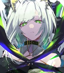 Rule 34 | 1girl, animal ear fluff, animal ears, arknights, bright pupils, cat ears, commentary request, dress, frown, green dress, green eyes, green hair, highres, kal&#039;tsit (arknights), looking at viewer, looking down, material growth, mon3tr (arknights), nekoma hikaru, oripathy lesion (arknights), short hair, upper body, white pupils