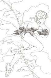 Rule 34 | 1girl, absurdres, bare arms, bare legs, bare shoulders, blunt bangs, blunt ends, bob cut, breasts, cleavage, commentary, dasaek eda, frilled gloves, frills, from side, full body, gloves, greyscale, half-closed eyes, hatching (texture), highres, leaf, leg up, leotard, loafers, looking at viewer, mini person, minigirl, monochrome, open mouth, original, running, shoes, short hair, sideways glance, small breasts, smile, solo, standing, strapless, strapless leotard, symbol-only commentary, unfinished, white background