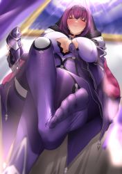 Rule 34 | 1girl, absurdres, armor, blush, bodysuit, breasts, cleavage, cleavage cutout, clothing cutout, commission, crossed legs, fate/grand order, fate (series), feet, femdom, foot focus, from below, fur collar, hair between eyes, highres, kymp, large breasts, legs, long hair, looking at viewer, parted lips, pauldrons, pixiv commission, purple bodysuit, purple hair, red eyes, scathach (fate), scathach skadi (fate), shoulder armor, smile, soles, tiara, toes, waist cape