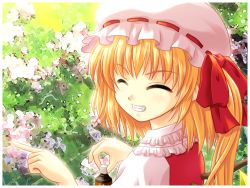 Rule 34 | 1girl, :d, ^ ^, blonde hair, closed eyes, female focus, flandre scarlet, garden, grin, hat, long hair, mob cap, open mouth, puffy short sleeves, puffy sleeves, short sleeves, side ponytail, smile, solo, teeth, touhou, turning head, upper body, yamasan