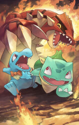 Rule 34 | animal focus, blue skin, bow, bowtie, bulbasaur, claws, colored skin, commentary request, creatures (company), crocodilian, fire, fleeing, game freak, gen 1 pokemon, gen 2 pokemon, gen 3 pokemon, green skin, groudon, highres, legendary pokemon, neckerchief, nintendo, no humans, open mouth, pokemon, pokemon (creature), pokemon mystery dungeon, red bow, red bowtie, red eyes, sharp teeth, sweat, teeth, totodile, yamaori (hakkentai pokedan), yellow eyes, yellow neckerchief