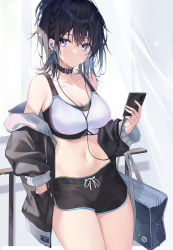 Rule 34 | 1girl, absurdres, backlighting, bag, bare shoulders, black hair, black jacket, black shorts, blue eyes, blue ribbon, braid, breasts, buckle, cellphone, cleavage, closed mouth, collar, collarbone, cowboy shot, earphones, hair ribbon, hand in pocket, highres, holding, holding phone, indoors, jacket, large breasts, long sleeves, looking at viewer, navel, open clothes, open jacket, phone, ribbon, short hair, short shorts, shorts, smartphone, solo, sports bra, sweat, timmoo, window
