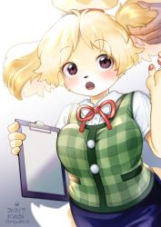 Rule 34 | 1girl, animal crossing, animal ears, animal hands, animal nose, artist name, blonde hair, blue skirt, blurry, blush, body fur, breasts, brown eyes, buttons, clipboard, collared shirt, dated, depth of field, disembodied hand, disembodied hand, dog ears, dog girl, dog tail, female focus, furry, furry female, grabbing another&#039;s ear, gradient background, green vest, grey background, hair ornament, hair tie, hand on another&#039;s ear, hands up, heart, holding, holding clipboard, isabelle (animal crossing), kiichi (ca0sf), large breasts, neck ribbon, nintendo, open mouth, pawpads, pencil skirt, plaid, plaid vest, red ribbon, ribbon, shirt, short hair, short sleeves, signature, simple background, skirt, solo focus, standing, surprised, tail, topknot, twitter username, two-tone fur, upper body, vest, white fur, white shirt, yellow fur