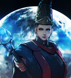 Rule 34 | 1girl, black hair, blue eyes, elden ring, erkaz, hat, high collar, highres, holding, holding staff, long sleeves, looking at viewer, moon, rennala queen of the full moon, robe, serious, short hair, solo, staff, upper body, weapon, wide sleeves, wizard hat