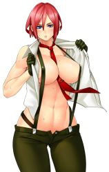 Rule 34 | 1girl, blue eyes, breasts, gloves, large breasts, necktie, red hair, short hair, simple background, solo, sweat, the king of fighters, vanessa (kof), zonda (solid air)
