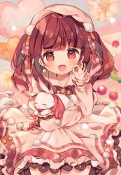 Rule 34 | 1girl, :d, ana (rznuscrf), animal, animal hug, beret, blush, bow, bowtie, brown bow, brown bowtie, brown eyes, brown hair, cherry, clothed animal, commentary request, dress, food, fruit, hair bow, hair ornament, hand up, hat, heart, idolmaster, idolmaster cinderella girls, lace, lace-trimmed dress, lace trim, long hair, long sleeves, looking at viewer, ogata chieri, ok sign, open mouth, pink dress, pink hat, plaid, plaid bow, pom pom (clothes), rabbit, red scarf, scarf, smile, solo, twintails