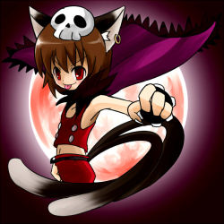 Rule 34 | 1girl, :p, animal ears, brown hair, cape, cat ears, cat girl, cat tail, chen, earrings, female focus, halloween, haro (artist), jewelry, lowres, moon, multiple tails, outdoors, red eyes, red moon, short hair, skull, sky, solo, tail, tongue, tongue out, touhou