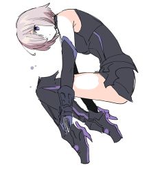 Rule 34 | 1girl, armor, bare shoulders, black armor, black footwear, black gloves, black leotard, boots, breasts, closed mouth, elbow gloves, empty eyes, expressionless, facing away, fate/grand order, fate (series), fetal position, full body, gloves, grey hair, hair between eyes, hair over one eye, high heel boots, high heels, knee boots, leotard, mash kyrielight, medu (rubish), plantar flexion, purple eyes, short hair, simple background, small breasts, solo, white background