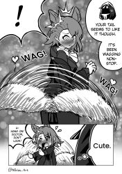 Rule 34 | !, 1girl, 1other, ^^^, absurdres, afterimage, animal ears, arknights, blush, chibi, comic, doctor (arknights), dress, english text, flying sweatdrops, greyscale, heart, highres, hood, hood up, jacket, long sleeves, looking back, monochrome, nhim, nose blush, open clothes, open jacket, penance (arknights), speed lines, spoken exclamation mark, tail, tail wagging, wide sleeves