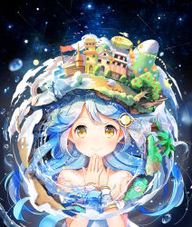 Rule 34 | 1girl, :&gt;, aircraft, bare shoulders, bear, blue hair, blush, building, rabbit, bush, crescent moon, dirigible, fishing rod, flag, hair ornament, highres, holding, igloo, long hair, looking at viewer, moon, original, own hands together, palm tree, polar bear, sheep, sibyl, snow, snow shelter, solo, star (symbol), tree, water drop, yellow eyes