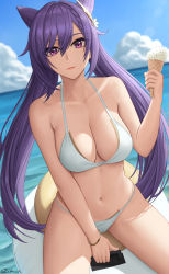 Rule 34 | absurdres, bare shoulders, bikini, blush, breasts, cleavage, collarbone, cone hair bun, diamond-shaped pupils, diamond (shape), genshin impact, hair bun, highres, keqing (genshin impact), large breasts, long hair, looking at viewer, navel, purple eyes, purple hair, smile, solo, swimsuit, symbol-shaped pupils, thighs, twintails, zaphn