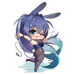 Rule 34 | 1girl, absurdly long hair, absurdres, anchor, animal ears, aqua hair, ass, azur lane, blue eyes, blue hair, blue leotard, breasts, chibi, from behind, from side, full body, gradient hair, hair flaps, hair intakes, highres, irkawaza, large breasts, leotard, long hair, looking at viewer, looking back, multicolored hair, new jersey (azur lane), one eye closed, open mouth, pantyhose, playboy bunny, rabbit ears, rabbit tail, sideboob, smile, solo, tail, v, very long hair, waving
