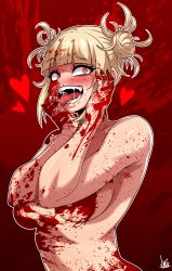 Rule 34 | 1girl, absurdres, blonde hair, blood, blood on face, blood on hands, blunt bangs, boku no hero academia, covering privates, covering breasts, double bun, fangs, hair bun, heart, heart-shaped pupils, highres, jmg, messy hair, nude, open mouth, red background, solo, symbol-shaped pupils, toga himiko, tongue, upper body, yellow eyes