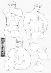 Rule 34 | 3boys, abs, anatomy, arm hair, bandaid, bandaids on nipples, bara, beard stubble, belly, bird, boxer briefs, bulge, chest hair, duck, facial hair, fat, fat man, glasses, goatee stubble, hairy, highres, ketanbakar, large pectorals, looking at viewer, male focus, male underwear, mature male, motion lines, multiple boys, muscular, muscular male, navel, navel hair, nipples, no pants, original, pasties, pectorals, puffy chest, real life, reference inset, sanpaku, short hair, smile, sparkle, stomach, strongman waist, stubble, thick eyebrows, thick thighs, thighs, topless male, underwear, walking