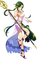 Rule 34 | 1girl, absurdres, albion senki, anklet, artist request, breasts, circlet, detached sleeves, covered erect nipples, fatima (albion senki), full body, green eyes, green hair, hair ornament, highres, holding, jewelry, long hair, matching hair/eyes, medium breasts, necklace, parted lips, sandals, see-through silhouette, solo, staff, transparent background