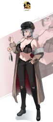 Rule 34 | 1girl, absurdres, black bra, black choker, black footwear, black hat, black pants, blush, bra, breasts, brown coat, buta dong, cabbie hat, choker, cleavage, coat, coat partially removed, commentary request, dream catcher, full body, fur-trimmed coat, fur trim, genderswap, genderswap (mtf), grey hair, hair between eyes, hand in pocket, hat, highres, holding, kutsuji, large breasts, long bangs, long sleeves, mahjong soul, navel, open fly, open mouth, pants, red eyes, shoes, short hair, smile, solo, standing, torn clothes, torn pants, underwear, white background, zoom layer