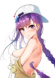 Rule 34 | 1girl, absurdres, bb (fate), bb (fate) (all), bb (swimsuit mooncancer) (fate), bb (swimsuit mooncancer) (first ascension) (fate), blush, braid, breasts, closed mouth, fate/grand order, fate (series), hat, highres, k1np, large breasts, long hair, purple hair, red eyes, simple background, single braid, solo, star (symbol), swimsuit, upper body, white background, white hat