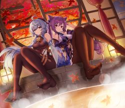 Rule 34 | 2girls, absurdres, autumn leaves, bell, black pantyhose, blue hair, breasts, cone hair bun, cowbell, double bun, dutch angle, full body, ganyu (genshin impact), genshin impact, goat horns, hair bun, highres, horns, keqing (genshin impact), knees together feet apart, leaf, legs, long hair, looking at viewer, maple leaf, medium breasts, melreon, multiple girls, neck bell, no shoes, pantyhose, parted lips, purple eyes, purple hair, sidelocks, sitting, soles, toes, twintails, wet