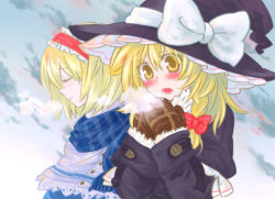 Rule 34 | 2girls, alice margatroid, bad id, bad pixiv id, blonde hair, bow, cold, female focus, gradient background, hair bow, hairband, hat, kirisame marisa, mittens, multiple girls, myama, outdoors, perfect cherry blossom, scarf, short hair, sky, touhou, upper body, white background, witch, witch hat, yellow eyes