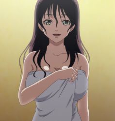 Rule 34 | 1girl, breasts, cleavage, highres, kotobiki yuri, large breasts, long hair, nozoki ana, open mouth, screencap, stitched, third-party edit, towel, wet hair