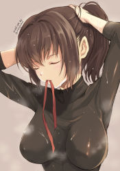 Rule 34 | 10s, 1girl, adjusting hair, breasts, brown hair, covered erect nipples, closed eyes, hair ribbon, impossible clothes, ise (kancolle), kantai collection, large breasts, long sleeves, mouth hold, ponytail, ribbon, short hair, short ponytail, simple background, skin tight, solo, steaming body, sweat, tomozo kaoru, tying hair, upper body