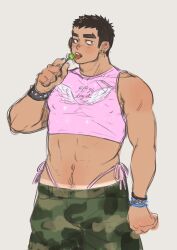 Rule 34 | 1boy, abs, absurdres, alternate costume, bara, black hair, blush, bracelet, camouflage, camouflage pants, candy, covered erect nipples, cropped shirt, dark-skinned male, dark skin, earrings, feet out of frame, food, highres, jewelry, kim liong (shan), lollipop, long sideburns, looking at viewer, male focus, navel, navel hair, nipples, original, panties, pants, pectorals, pink panties, pink shirt, shan (shanshankuo), shirt, short hair, sideburns, solo, stomach, thick eyebrows, toned, toned male, tongue, tongue out, underwear