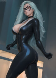 Rule 34 | 1girl, ass, black bodysuit, black cat (marvel), blue eyes, bodysuit, breasts, cleavage, collar, domino mask, felicia hardy, flowerxl, hair between eyes, large breasts, long hair, looking at viewer, marvel, mask, open mouth, skin tight, standing, thighs, white hair