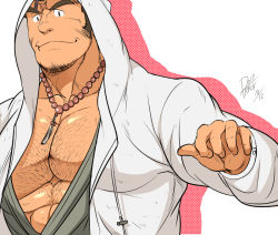 Rule 34 | 1boy, abs, bara, bead necklace, beads, chest hair, cross scar, facial hair, hood, hood up, hooded jacket, houzouin oniwaka, jacket, jewelry, large pectorals, long sideburns, male focus, mature male, muscular, muscular male, necklace, open clothes, open jacket, pants boxer, pectoral cleavage, pectorals, pointing, pointing at self, scar, scar on face, scar on forehead, short hair, sideburns, solo, stubble, thick eyebrows, tokyo houkago summoners, upper body, white jacket