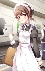 Rule 34 | 1boy, 1girl, alternate costume, apron, bad id, bad pixiv id, bag, black dress, blush, brown eyes, brown hair, buttons, dress, enmaided, hair between eyes, juliet sleeves, kantai collection, long sleeves, maid, maid headdress, mashiro aa, open mouth, paper bag, puffy sleeves, short hair, taihou (kancolle), white apron