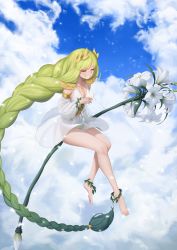 Rule 34 | 1girl, absurdres, afk arena, anklet, armlet, armor, bare arms, barefoot, bird, bird on hand, blush, bracelet, braid, braided ponytail, breasts, cleavage, closed eyes, covered navel, detached sleeves, dress, feet, flora (afk arena), flower, green hair, hair ornament, highres, jewelry, kyulohana, legs, long hair, medium breasts, necktie, oversized flower, petals, see-through, shoulder armor, single braid, sitting, sky, smile, solo, thighs, toes, very long hair, white dress, white flower