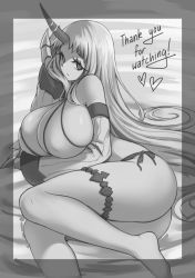 Rule 34 | 10s, 1girl, abyssal ship, ass, barefoot, bikini, border, breasts, head rest, claws, eyelashes, greyscale, horns, huge breasts, kantai collection, long hair, looking at viewer, lying, monochrome, on side, pas (paxiti), seaport princess, sideboob, single horn, solo, swimsuit, thank you, thigh strap, very long hair, unfinished