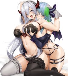 Rule 34 | 2girls, apricot the lich, apricot the lich (swimsuit), arm up, asymmetrical legwear, black bra, black legwear, black panties, blue eyes, blue hair, blush, bra, breasts, breath, bridal gauntlets, closed mouth, demon girl, demon horns, demon wings, detached sleeves, frilled legwear, frills, garter straps, gloves, grabbing, grabbing another&#039;s breast, green eyes, green hair, hair between eyes, hand in panties, heavy breathing, highres, horns, lace, lace-trimmed bra, lace-trimmed panties, lace trim, large breasts, lingerie, long hair, maid headdress, mini wings, mismatched legwear, multicolored hair, multiple girls, multiple horns, navel, o-ring, open mouth, panties, short hair, silver hair, simple background, skindentation, streaked hair, sweat, thigh strap, thighhighs, tongue, tongue out, tony guisado, underwear, vei (vtuber), vei (vtuber) (4th costume), virtual youtuber, vshojo, white background, white gloves, white legwear, wings, yuri