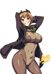 Rule 34 | 1girl, arms up, belt, breasts, brown eyes, brown hair, brownie (last origin), commission, contrapposto, covered navel, harness, highres, jacket, large breasts, last origin, leotard, looking at viewer, pantyhose, rantia, short hair, skin tight, smirk, solo, white background