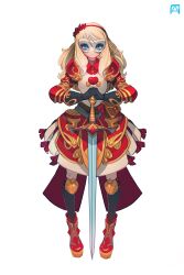 Rule 34 | 1girl, absurdres, armor, blonde hair, blue eyes, boots, domino mask, full body, hairband, highres, long hair, mask, original, pechan, princess, simple background, solo, standing, sword, weapon, white background